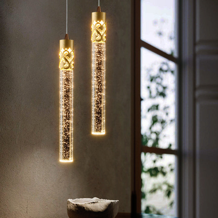 Modern Luxury Cylinder Bubble Disc Base Iron Crystal LED Pendant Light For Bedroom