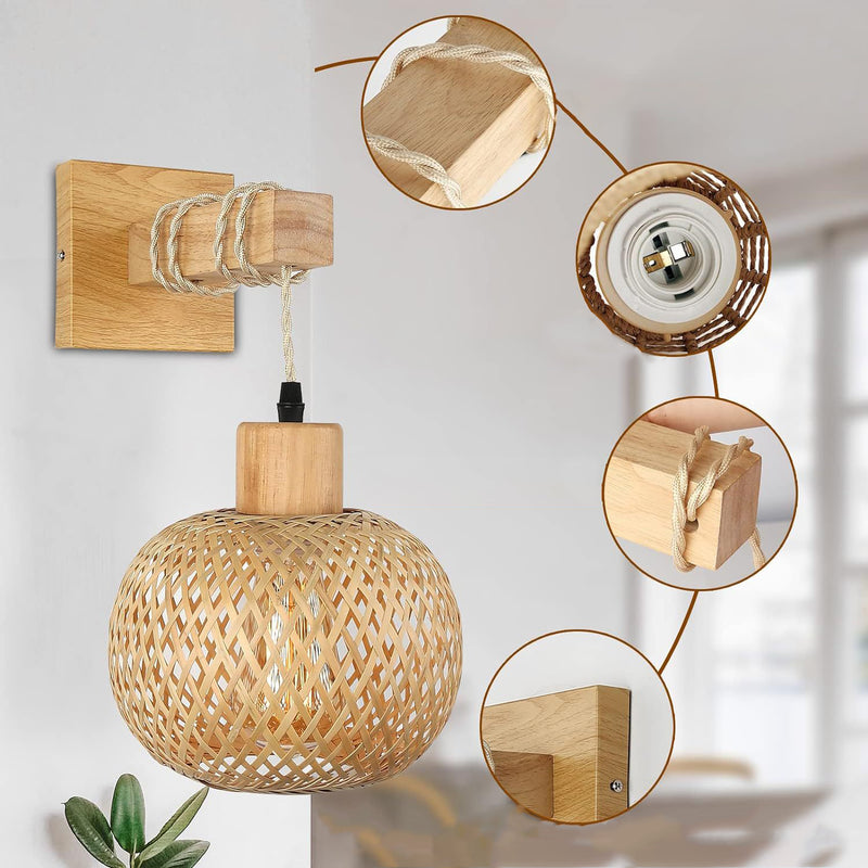 Traditional Japanese Cylinder Spherical Reticulated Square Base Wooden Bamboo 1-Light Wall Sconce Lamp For Bedroom