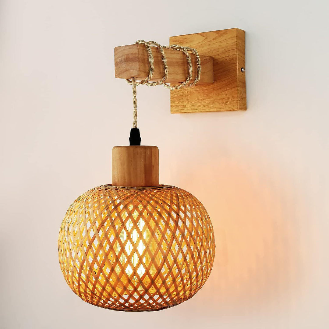 Traditional Japanese Cylinder Spherical Reticulated Square Base Wooden Bamboo 1-Light Wall Sconce Lamp For Bedroom