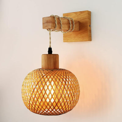 Traditional Japanese Cylinder Spherical Reticulated Square Base Wooden Bamboo 1-Light Wall Sconce Lamp For Bedroom