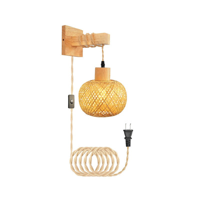Traditional Japanese Cylinder Spherical Reticulated Square Base Wooden Bamboo 1-Light Wall Sconce Lamp For Bedroom