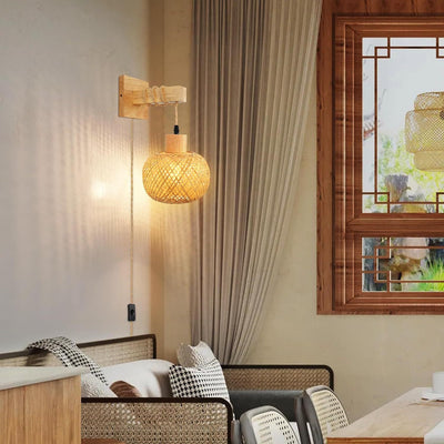 Traditional Japanese Cylinder Spherical Reticulated Square Base Wooden Bamboo 1-Light Wall Sconce Lamp For Bedroom
