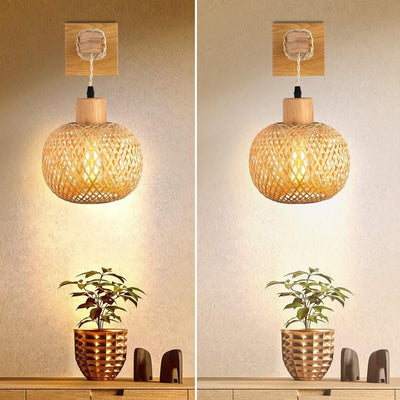 Traditional Japanese Cylinder Spherical Reticulated Square Base Wooden Bamboo 1-Light Wall Sconce Lamp For Bedroom