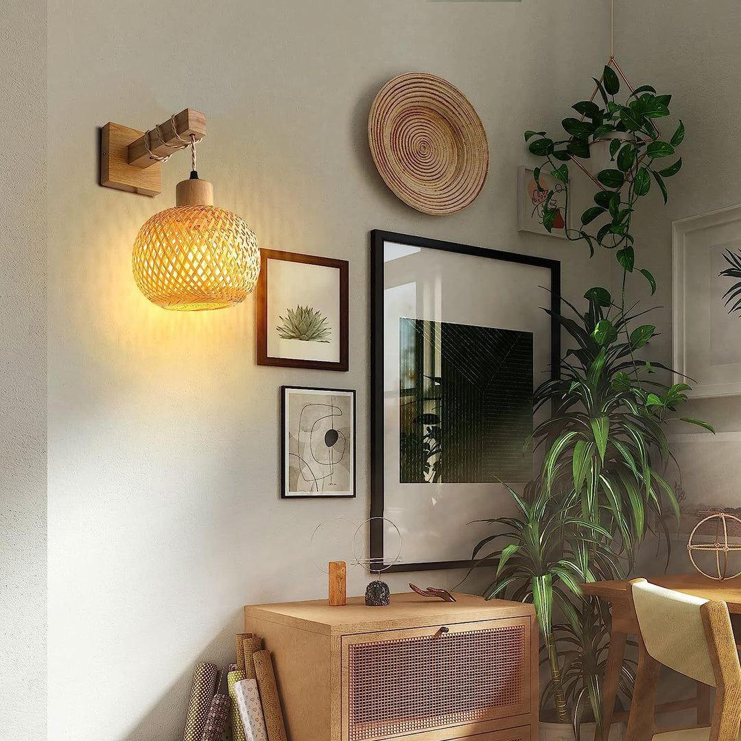 Traditional Japanese Cylinder Spherical Reticulated Square Base Wooden Bamboo 1-Light Wall Sconce Lamp For Bedroom