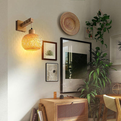 Traditional Japanese Cylinder Spherical Reticulated Square Base Wooden Bamboo 1-Light Wall Sconce Lamp For Bedroom