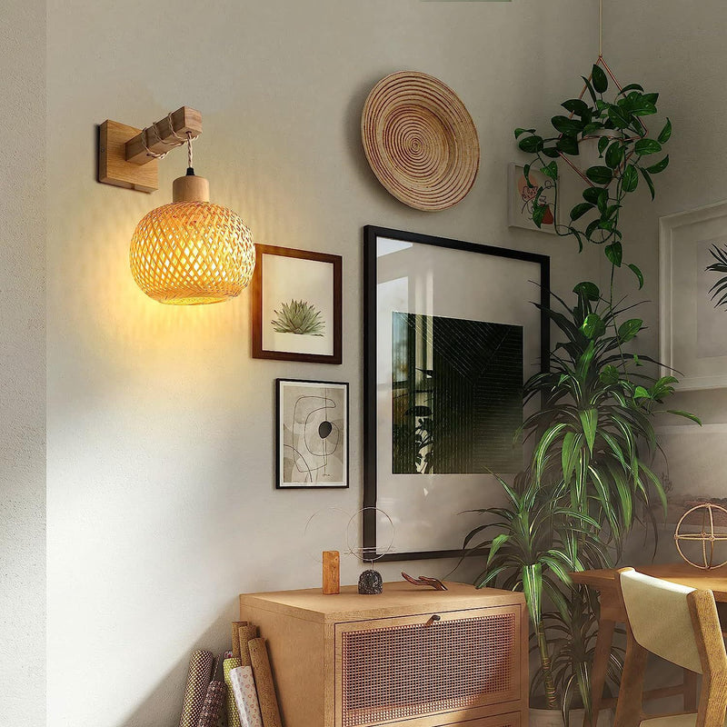 Traditional Japanese Cylinder Spherical Reticulated Square Base Wooden Bamboo 1-Light Wall Sconce Lamp For Bedroom