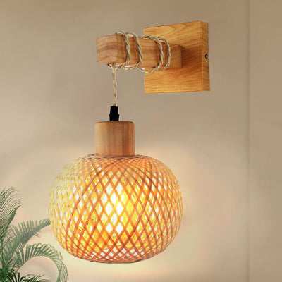 Traditional Japanese Cylinder Spherical Reticulated Square Base Wooden Bamboo 1-Light Wall Sconce Lamp For Bedroom