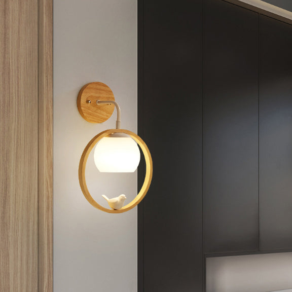Lampe murale contemporaine scandinave circulaire sphérique avec base en bois et verre à 1 lumière pour chambre 