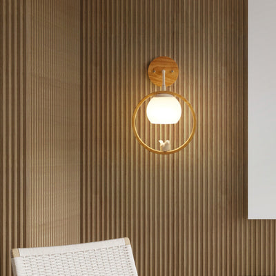 Lampe murale contemporaine scandinave circulaire sphérique avec base en bois et verre à 1 lumière pour chambre 
