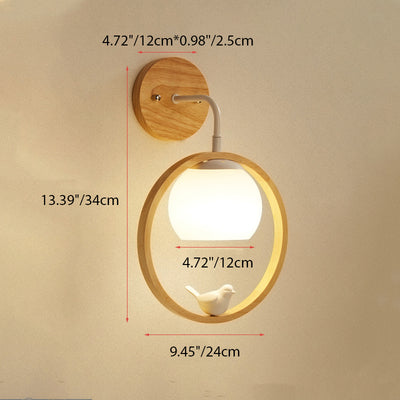 Lampe murale contemporaine scandinave circulaire sphérique avec base en bois et verre à 1 lumière pour chambre 