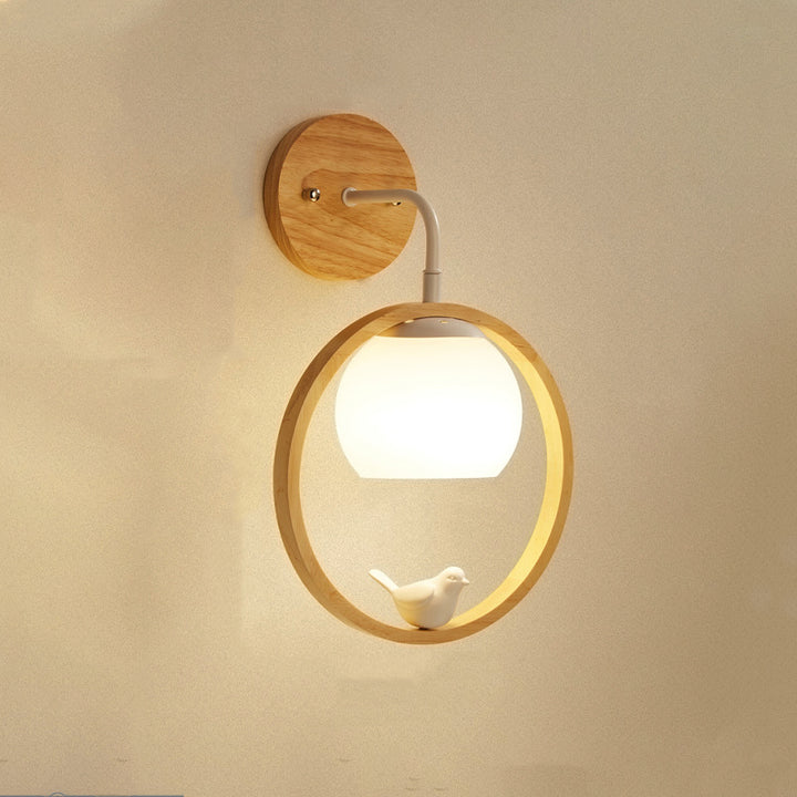 Contemporary Scandinavian Circle Spherical Bird Disc Base Wooden Glass 1-Light Wall Sconce Lamp For Bedroom