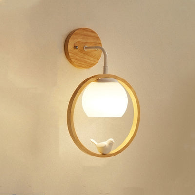 Lampe murale contemporaine scandinave circulaire sphérique avec base en bois et verre à 1 lumière pour chambre 