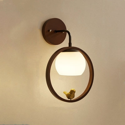 Lampe murale contemporaine scandinave circulaire sphérique avec base en bois et verre à 1 lumière pour chambre 