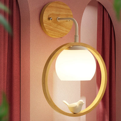 Lampe murale contemporaine scandinave circulaire sphérique avec base en bois et verre à 1 lumière pour chambre 