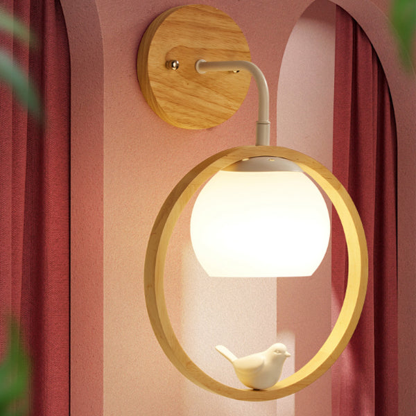 Lampe murale contemporaine scandinave circulaire sphérique avec base en bois et verre à 1 lumière pour chambre 