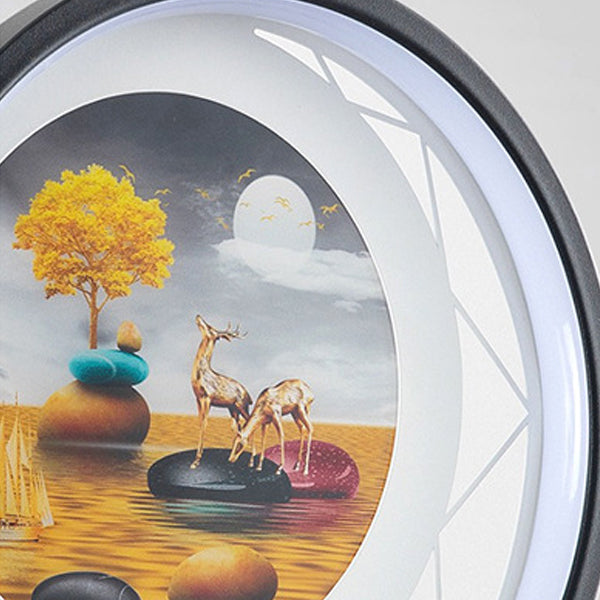 Zeitgenössische kreative runde Pfau-Hirsch-Baum-Landschaftsmalerei Eisen Acryl LED Wandleuchte für das Schlafzimmer 