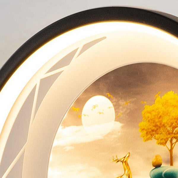 Zeitgenössische kreative runde Pfau-Hirsch-Baum-Landschaftsmalerei Eisen Acryl LED Wandleuchte für das Schlafzimmer 