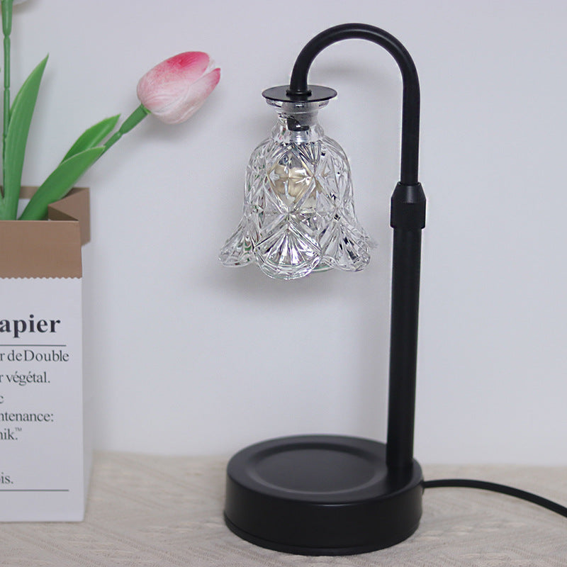 Contemporary Scandinavian Floral Disc Base Iron Wood Glass 1-Light Melting Wax Table Lamp For Bedroom