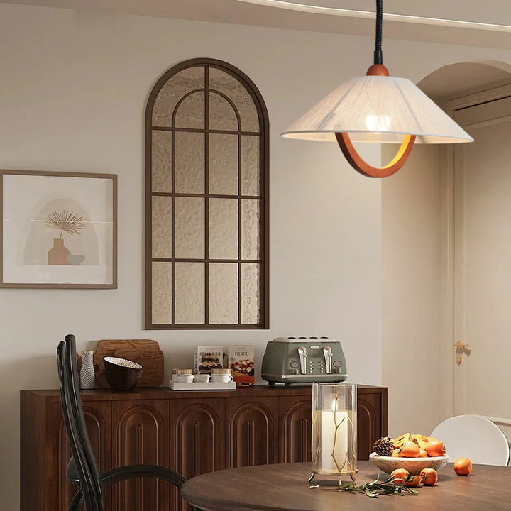 Lámpara colgante de 1 luz tradicional vintage de mesa redonda curva de media luna ajustable de madera y tela para dormitorio 