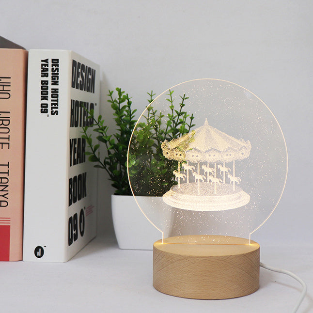 Zeitgenössische kreative runde Zylinderbasis Mond Weihnachtsbaum Holz Acryl LED Tischlampe für Schlafzimmer 