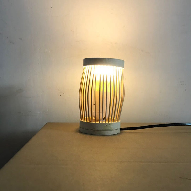 Lampe de table traditionnelle japonaise ovale ronde en bambou creux à 1 lumière pour chambre à coucher 