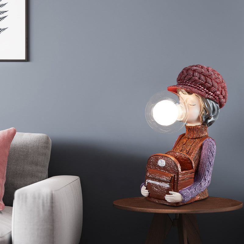 Lampe de table 1 lumière pour chambre à coucher avec sac à dos vase à bulles en résine et verre pour fille créative contemporaine 