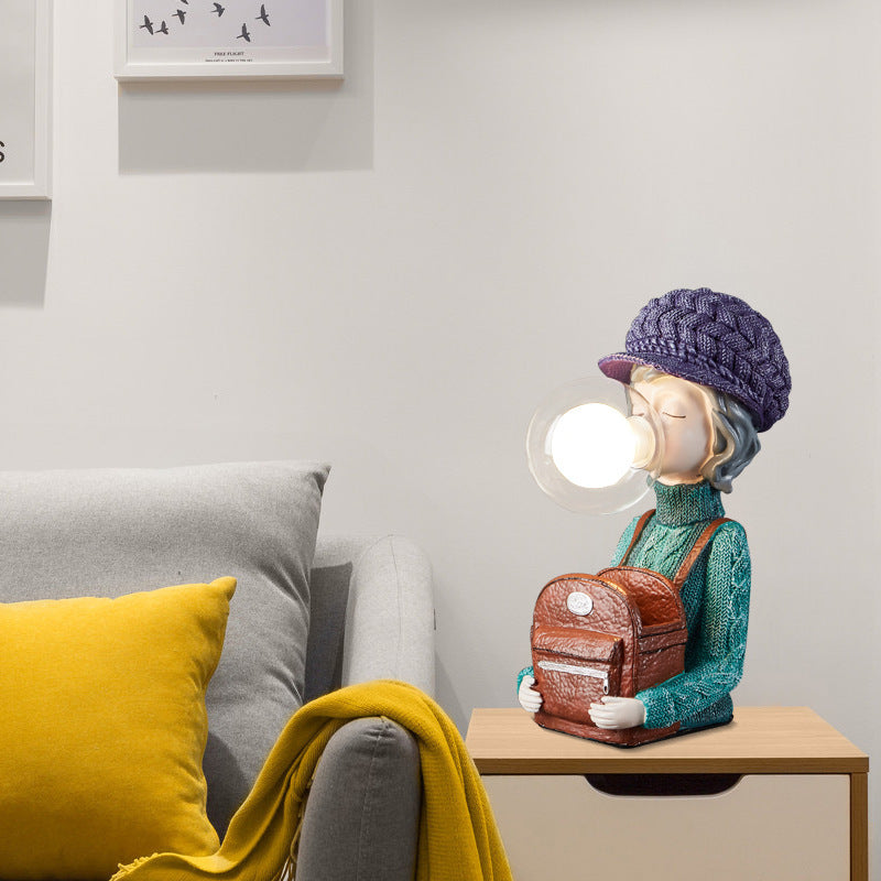 Lampe de table 1 lumière pour chambre à coucher avec sac à dos vase à bulles en résine et verre pour fille créative contemporaine 