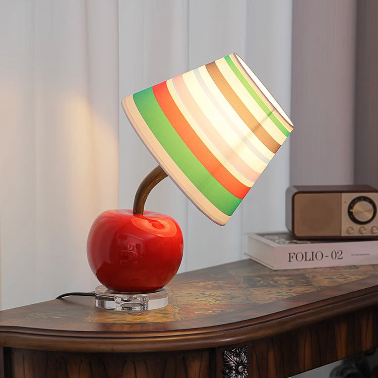 Lampe de table 1 lumière contemporaine créative mignonne avec rayures arc-en-ciel, boule courbée en résine, matériel en tissu pour chambre à coucher 