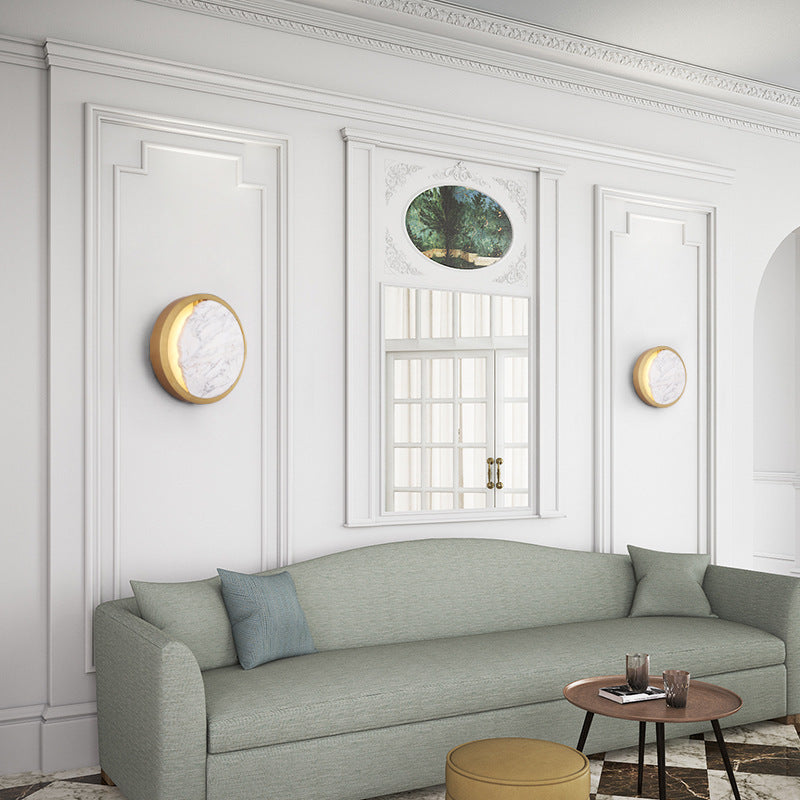 Applique murale contemporaine scandinave ronde incurvée en métal et marbre à 2 lumières pour chambre 