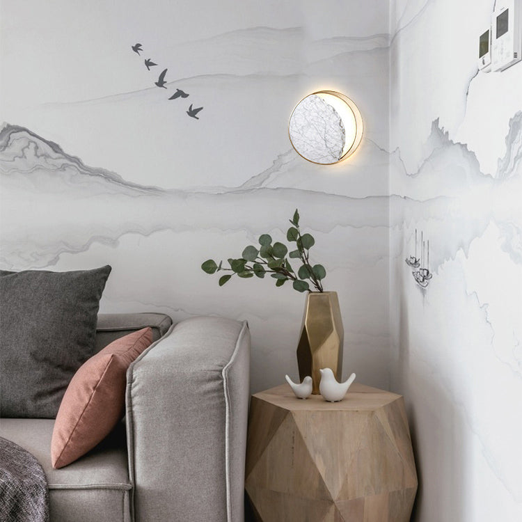 Applique murale contemporaine scandinave ronde incurvée en métal et marbre à 2 lumières pour chambre 