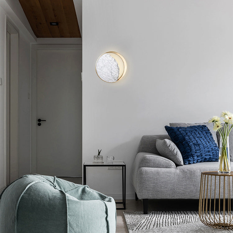 Applique murale contemporaine scandinave ronde incurvée en métal et marbre à 2 lumières pour chambre 