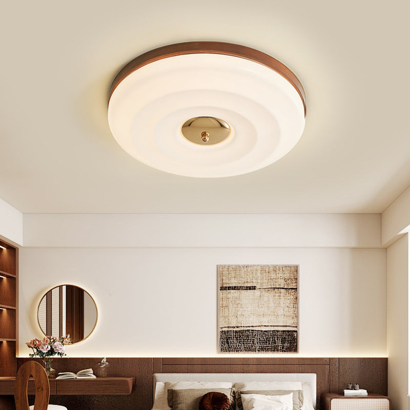 Traditional Japanese Round Ripple Iron Acrylic Wooden LED Flush Mount Ceiling Light For Bedroom