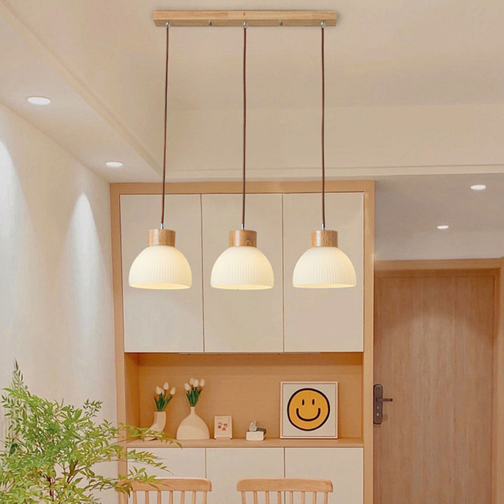 Contemporary Scandinavian Semicircle Vertical Cylinder Wood Glass 1/3 Light Pendant Light Island Light For Living Room