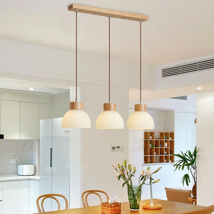 Contemporary Scandinavian Semicircle Vertical Cylinder Wood Glass 1/3 Light Pendant Light Island Light For Living Room