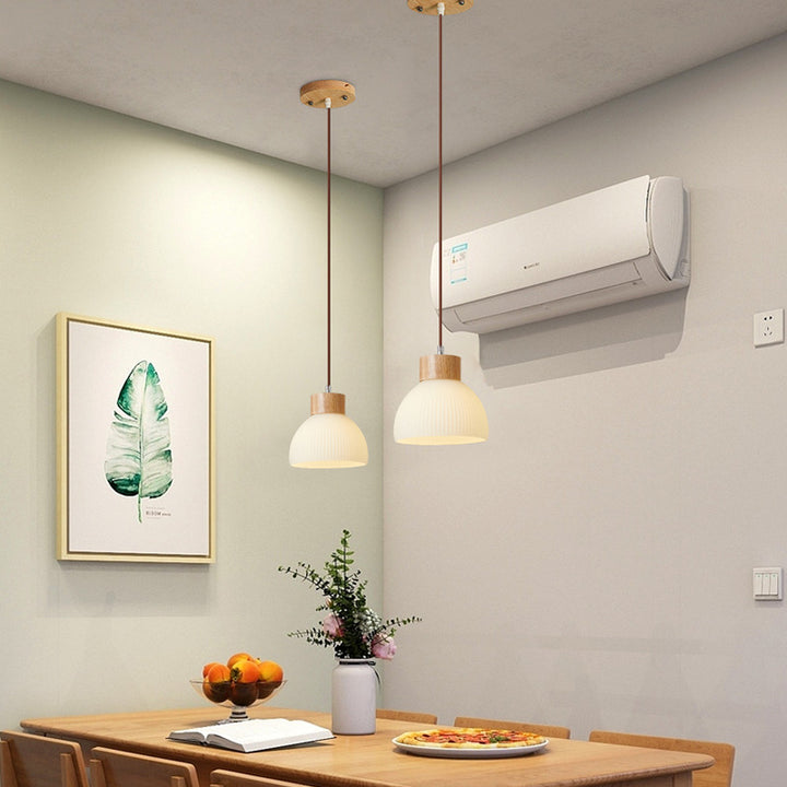 Contemporary Scandinavian Semicircle Vertical Cylinder Wood Glass 1/3 Light Pendant Light Island Light For Living Room