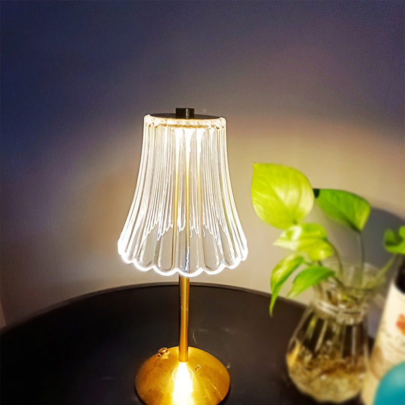 Traditional Vintage Round Striped Cylinder Semicircle Base Rechargeable Iron PS Plastic LED Table Lamp For Bedroom