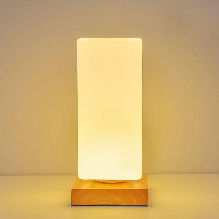 Contemporary Scandinavian Rectangular Cylinder Hollow Wood Glass LED Table Lamp For Bedroom
