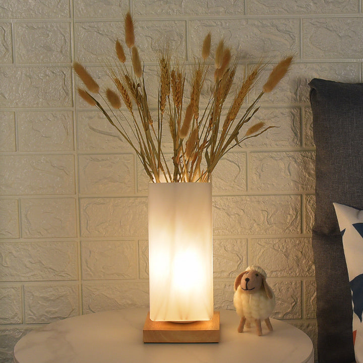 Lampe de table LED en bois creux cylindrique rectangulaire scandinave contemporaine avec verre pour chambre 