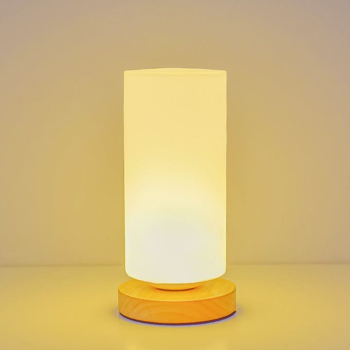 Contemporary Scandinavian Rectangular Cylinder Hollow Wood Glass LED Table Lamp For Bedroom