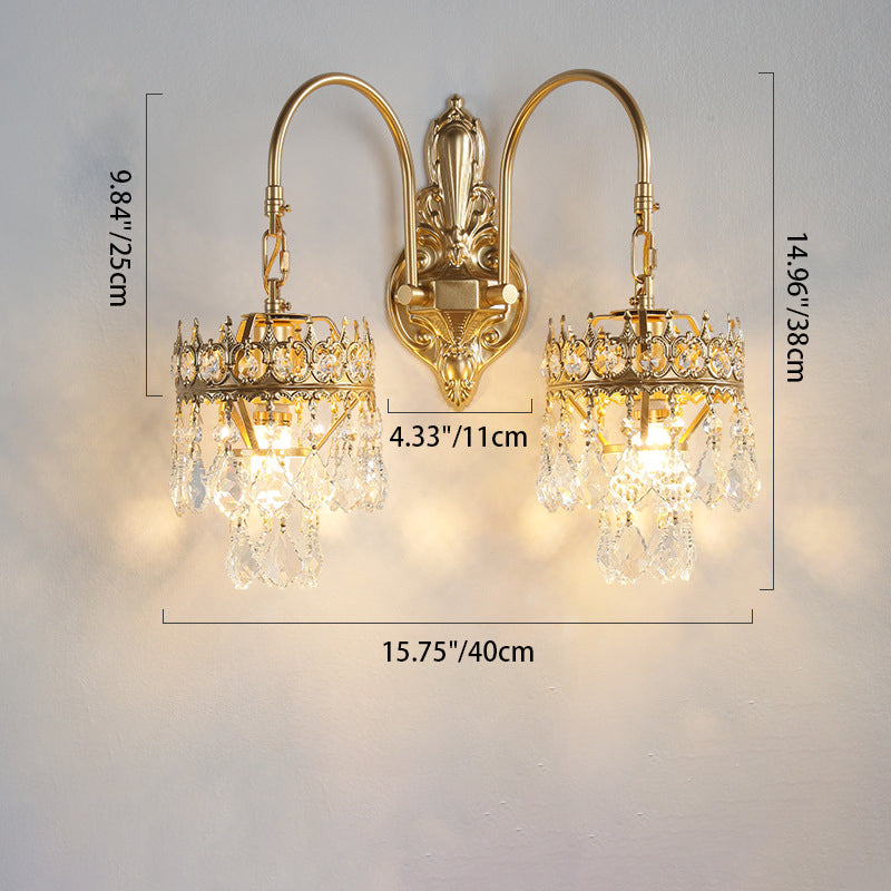 Traditionelle französische Kronen-Tropfenform gebogene Eisen-Glas 2-Licht Wandleuchte für das Wohnzimmer 