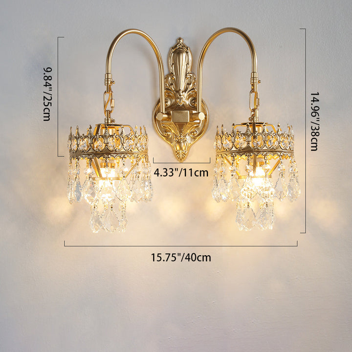 Traditionelle französische Kronen-Tropfenform gebogene Eisen-Glas 2-Licht Wandleuchte für das Wohnzimmer 