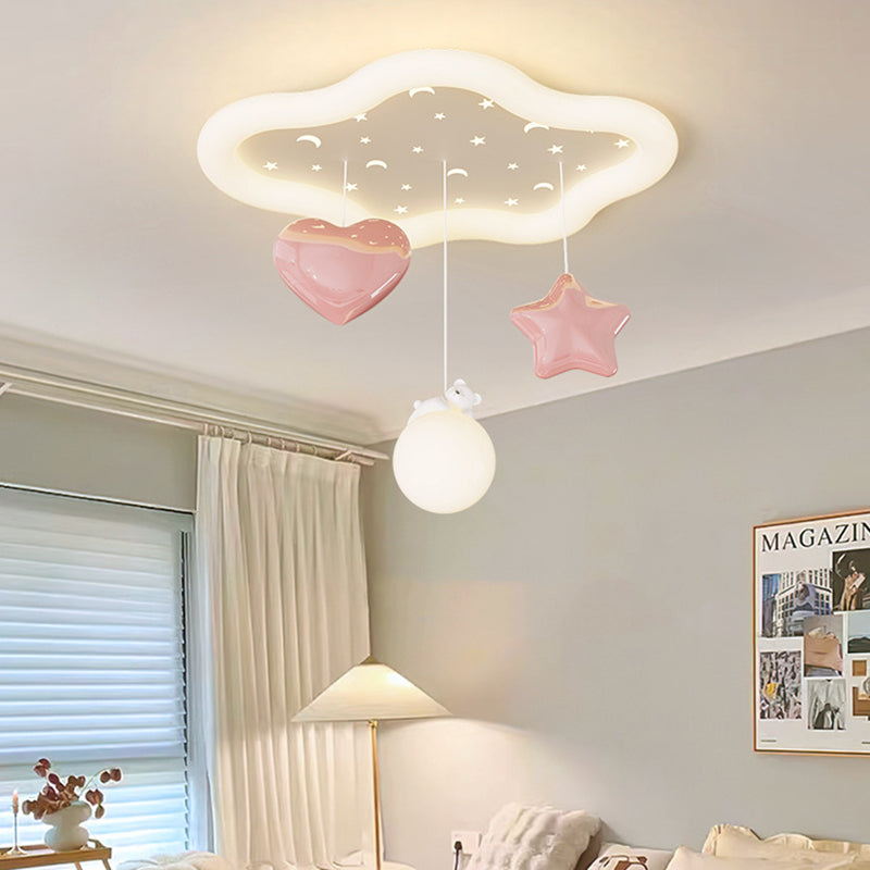 Contemporary Creative Kids Warm Clouds Heart Stars Iron PE LED Flush Mount Ceiling Light For Bedroom
