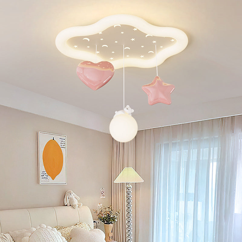 Contemporary Creative Kids Warm Clouds Heart Stars Iron PE LED Flush Mount Ceiling Light For Bedroom
