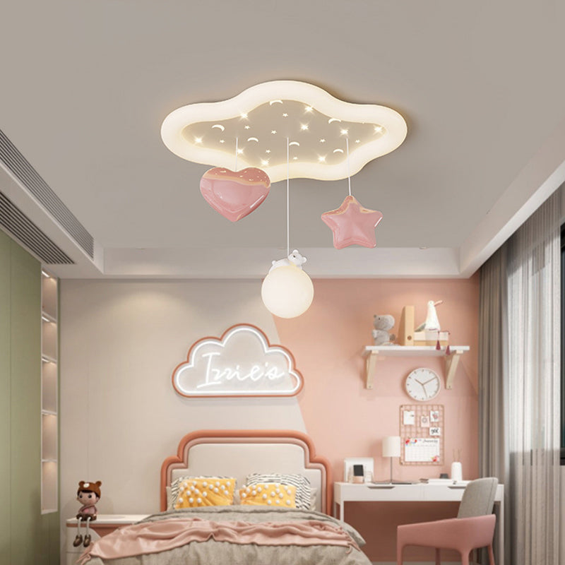 Contemporary Creative Kids Warm Clouds Heart Stars Iron PE LED Flush Mount Ceiling Light For Bedroom