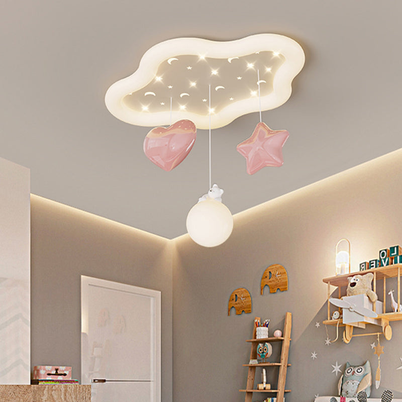Contemporary Creative Kids Warm Clouds Heart Stars Iron PE LED Flush Mount Ceiling Light For Bedroom