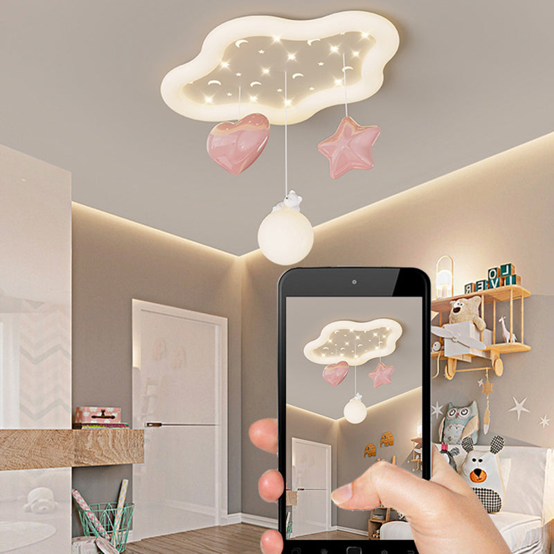 Contemporary Creative Kids Warm Clouds Heart Stars Iron PE LED Flush Mount Ceiling Light For Bedroom