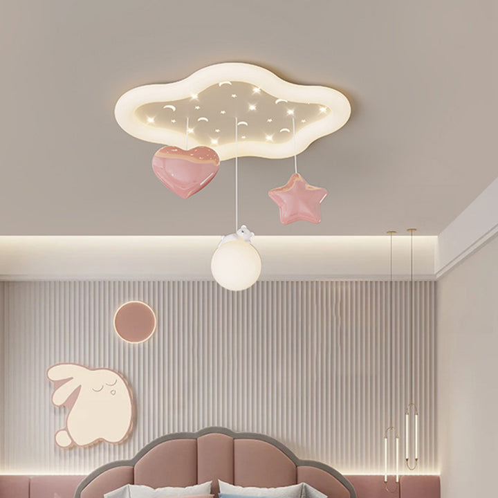 Contemporary Creative Kids Warm Clouds Heart Stars Iron PE LED Flush Mount Ceiling Light For Bedroom
