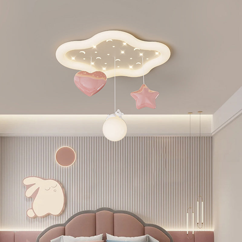 Contemporary Creative Kids Warm Clouds Heart Stars Iron PE LED Flush Mount Ceiling Light For Bedroom