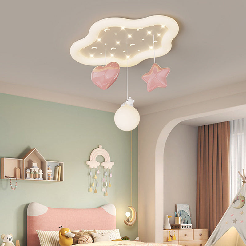 Contemporary Creative Kids Warm Clouds Heart Stars Iron PE LED Flush Mount Ceiling Light For Bedroom