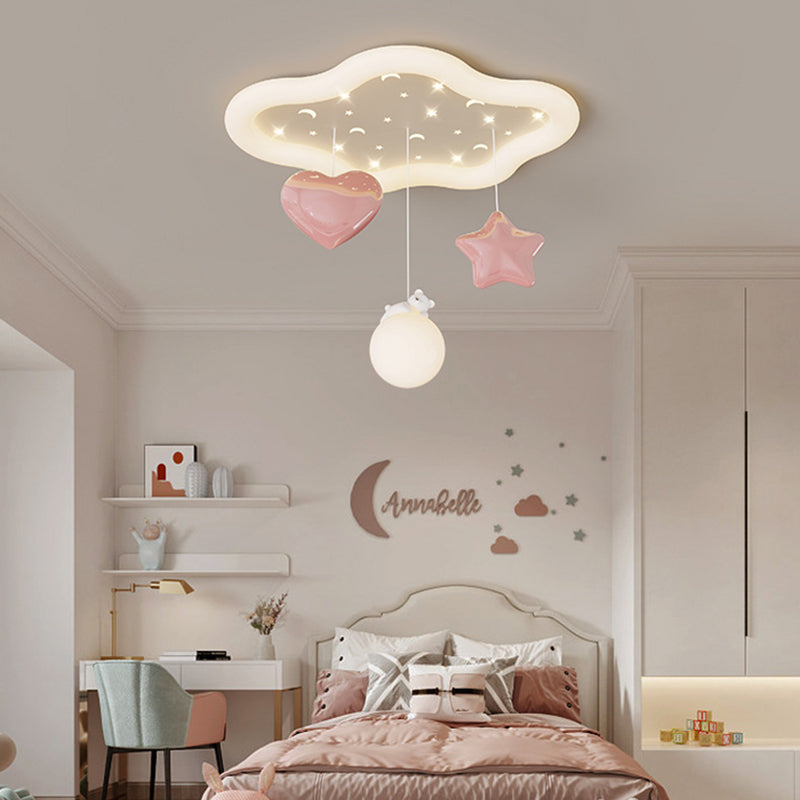 Contemporary Creative Kids Warm Clouds Heart Stars Iron PE LED Flush Mount Ceiling Light For Bedroom